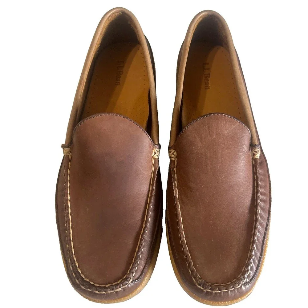 LL Bean Mens 11D Lodge Moc  Loafer Vibram Tan Brown Leather Comfort Outdoor
